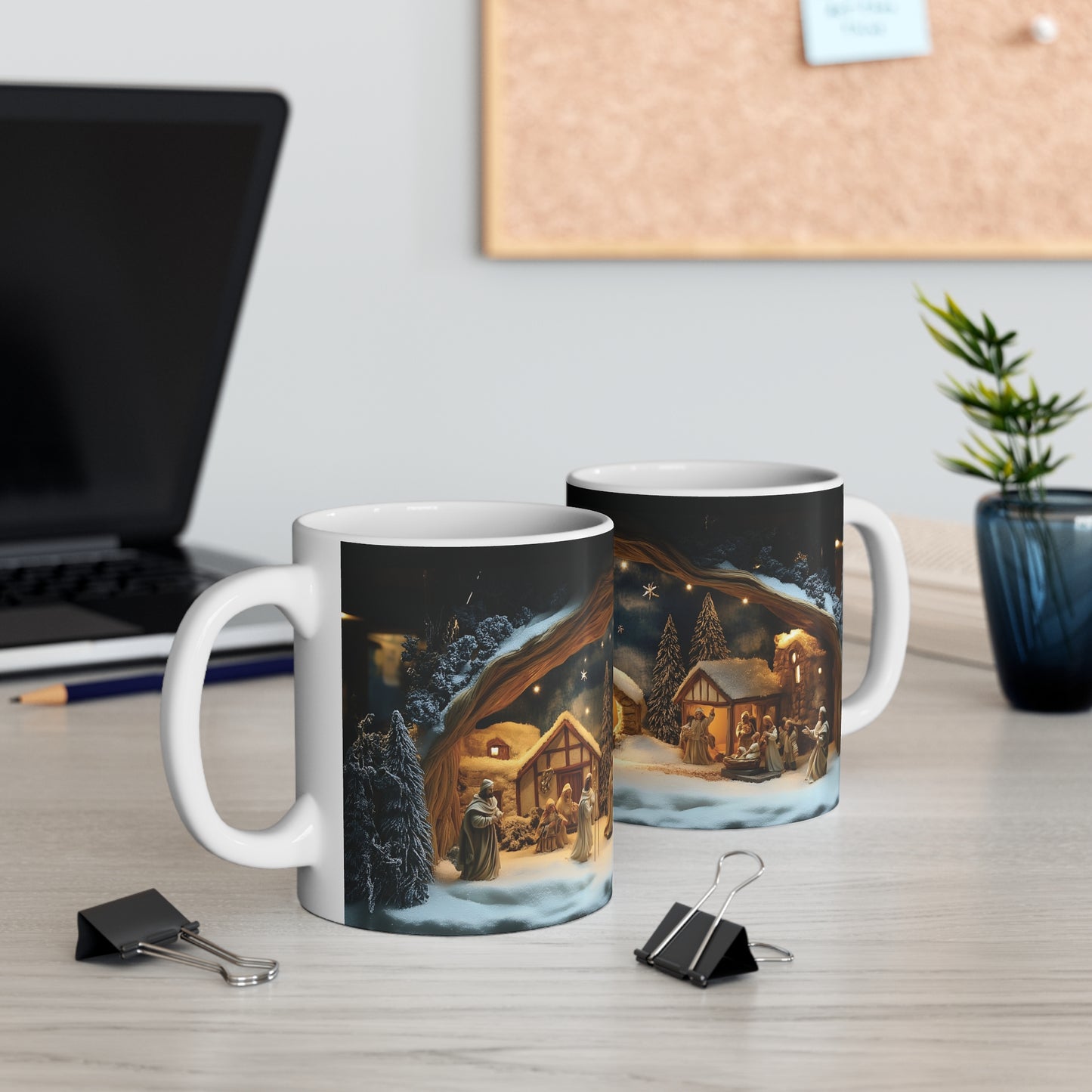 Christmas Nativity Scene Mug 11oz, Holiday Coffee Cup, Winter Themed Hot Cocoa Mug, Religious Gift, 3D Snow Wall Design