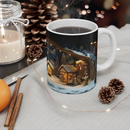 Christmas Nativity Scene Mug 11oz, Holiday Coffee Cup, Winter Themed Hot Cocoa Mug, Religious Gift, 3D Snow Wall Design