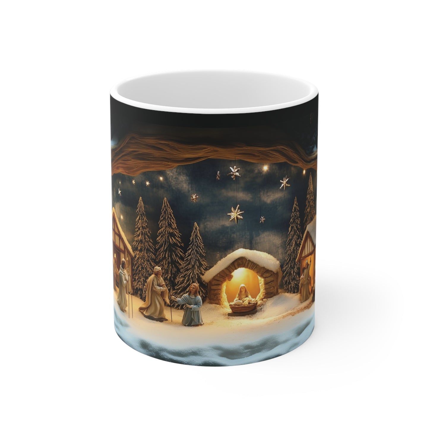 Christmas Nativity Scene Mug 11oz, Holiday Coffee Cup, Winter Themed Hot Cocoa Mug, Religious Gift, 3D Snow Wall Design