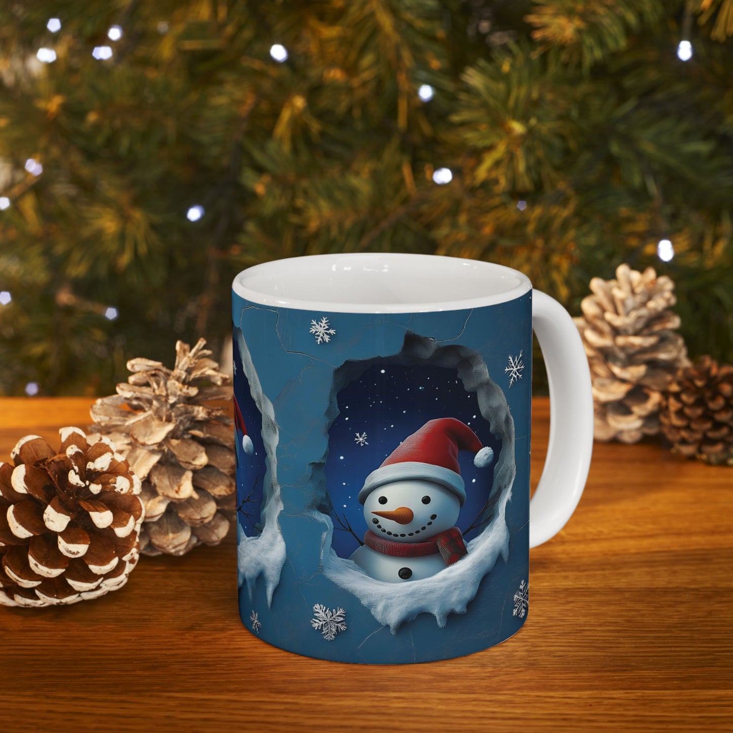 Ceramic Mug, 3D Winter Snowman Line in Hole in A Wall Christmas Themed Blue Background Vivid Color Snowflakes, Holiday Coffee Cup, Festive