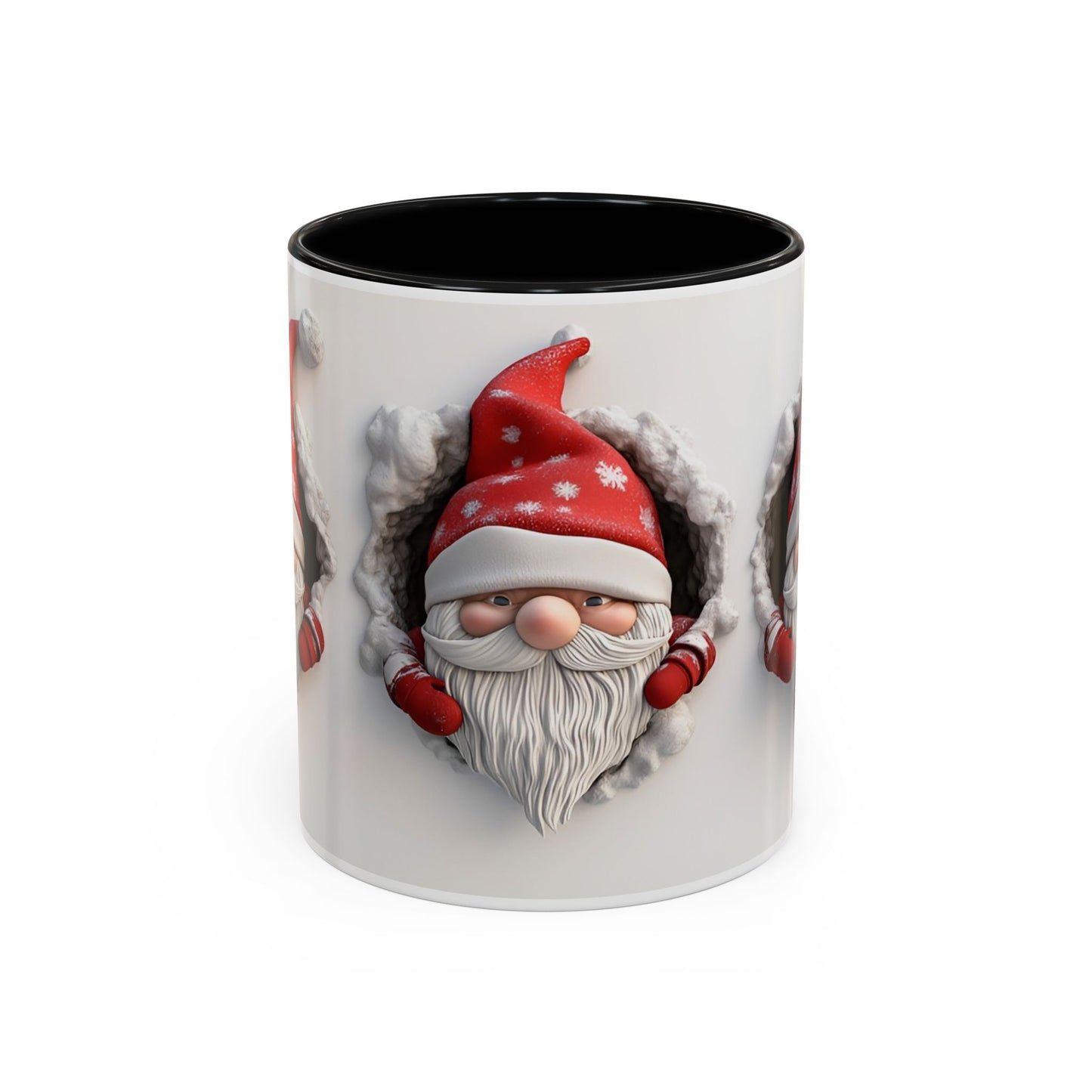 Mug, 3D Winter Gnomes Accent Coffee Mug, 11oz, Hole in A Wall Design, White Background, Holiday Gift for Coffee Lovers, Cute Christmas