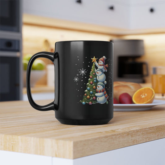 Mug - Cute Christmas Snowmen w/Star tree topper - 15oz Black