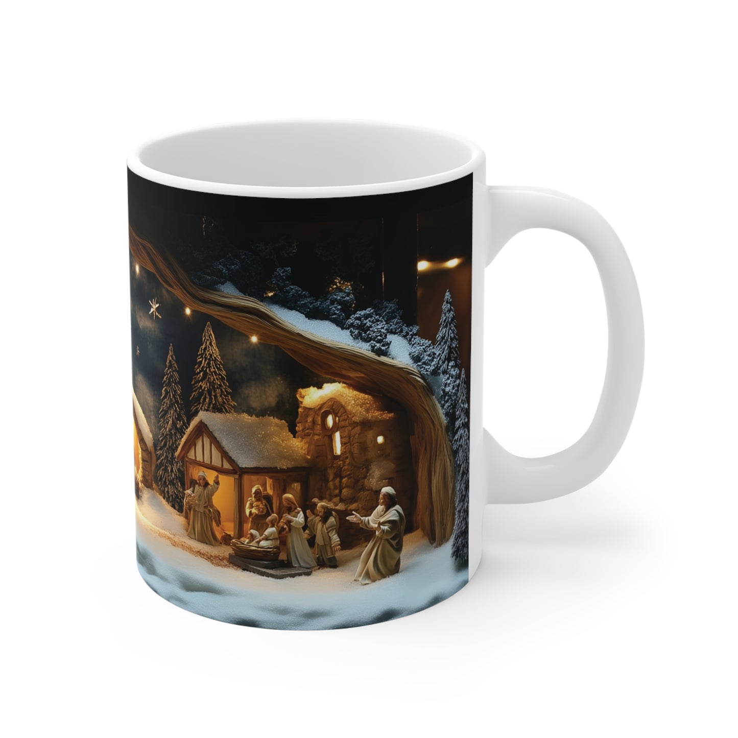 Christmas Nativity Scene Mug 11oz, Holiday Coffee Cup, Winter Themed Hot Cocoa Mug, Religious Gift, 3D Snow Wall Design