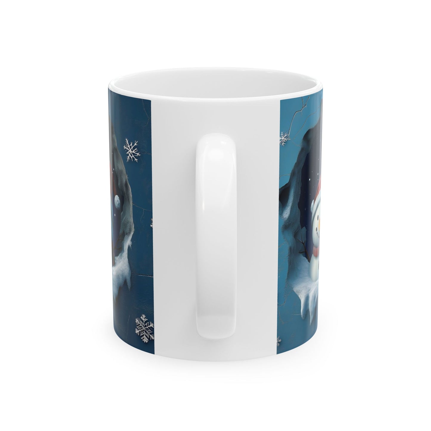 Ceramic Mug, 3D Winter Snowman Line in Hole in A Wall Christmas Themed Blue Background Vivid Color Snowflakes, Holiday Coffee Cup, Festive