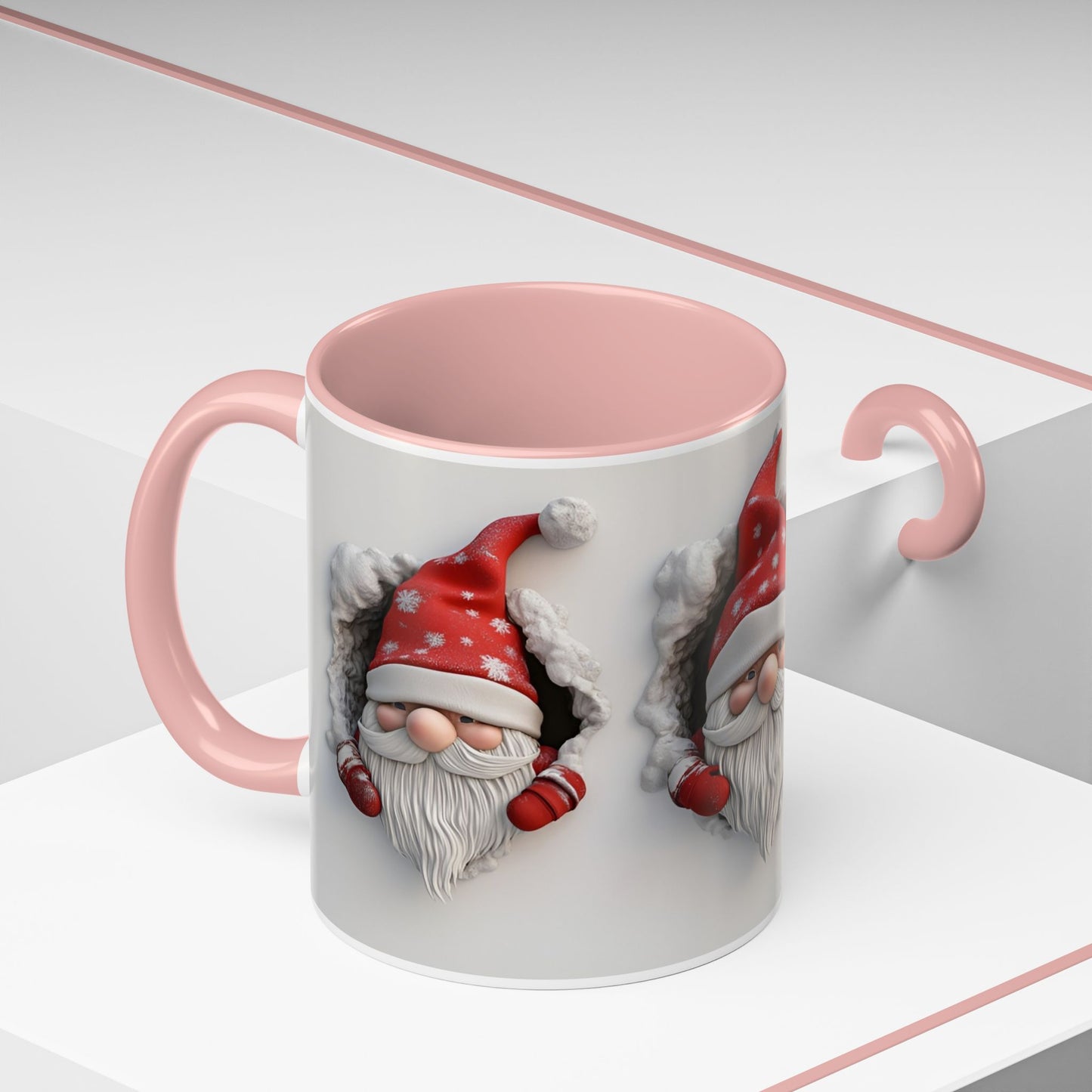 Mug, 3D Winter Gnomes Accent Coffee Mug, 11oz, Hole in A Wall Design, White Background, Holiday Gift for Coffee Lovers, Cute Christmas