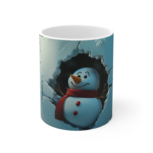 Snowman Blue Hole in A Wall 11oz Mug, Christmas Winter Snowflake Cup, Holiday Gift, Hot Cocoa Tea Coffee Mug, Kitchen Decor