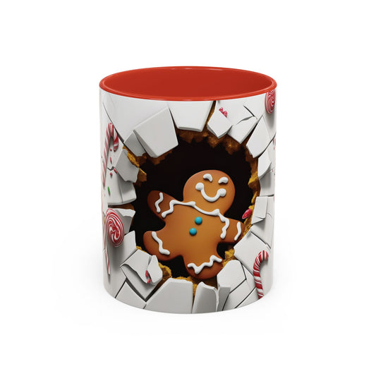 Mug, 3D Gingerbread Christmas Coffee Cup, Candy Cane Holiday Drinkware, Vivid Colors, White Background, 11oz, Alternative Xmas Gift,