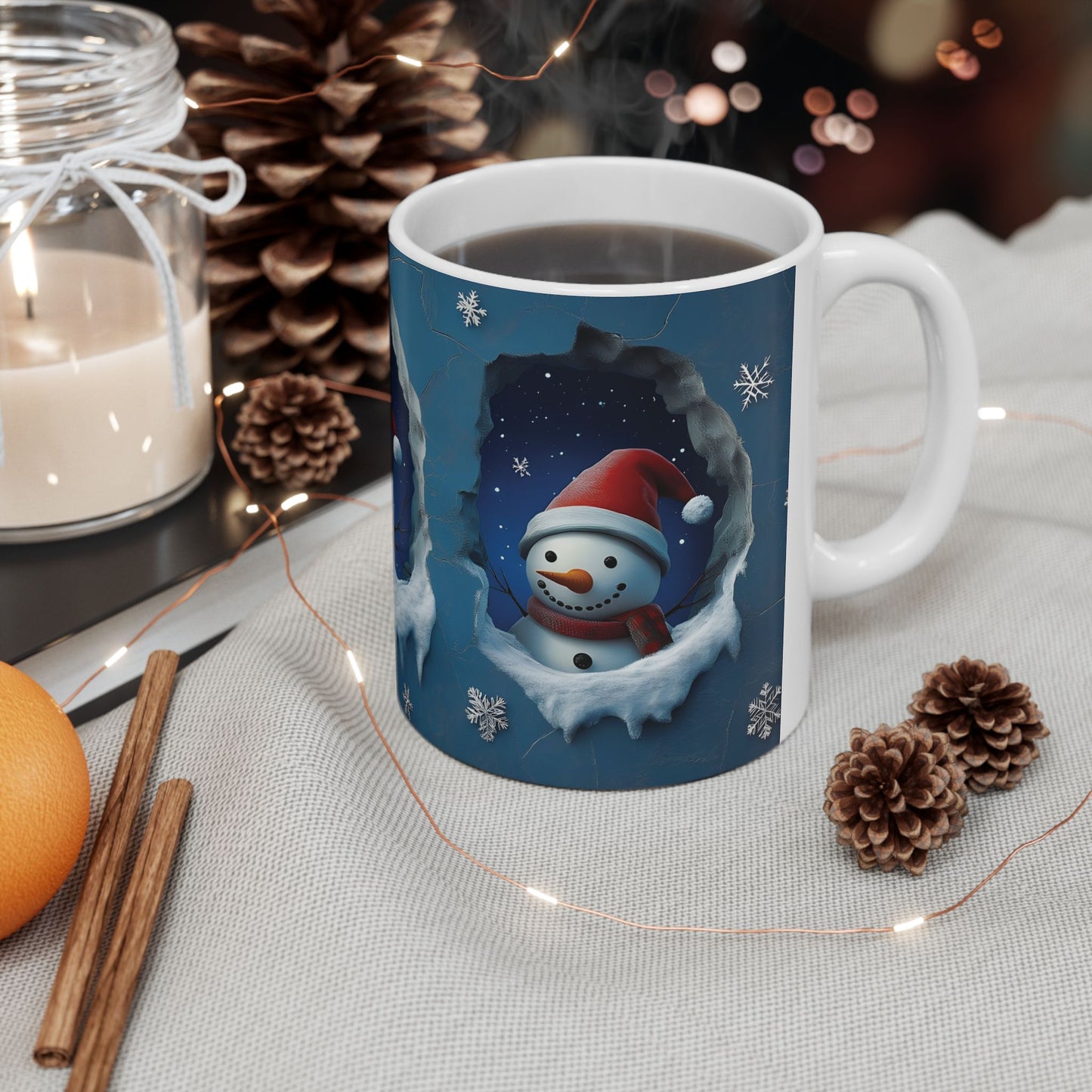 Ceramic Mug, 3D Winter Snowman Line in Hole in A Wall Christmas Themed Blue Background Vivid Color Snowflakes, Holiday Coffee Cup, Festive