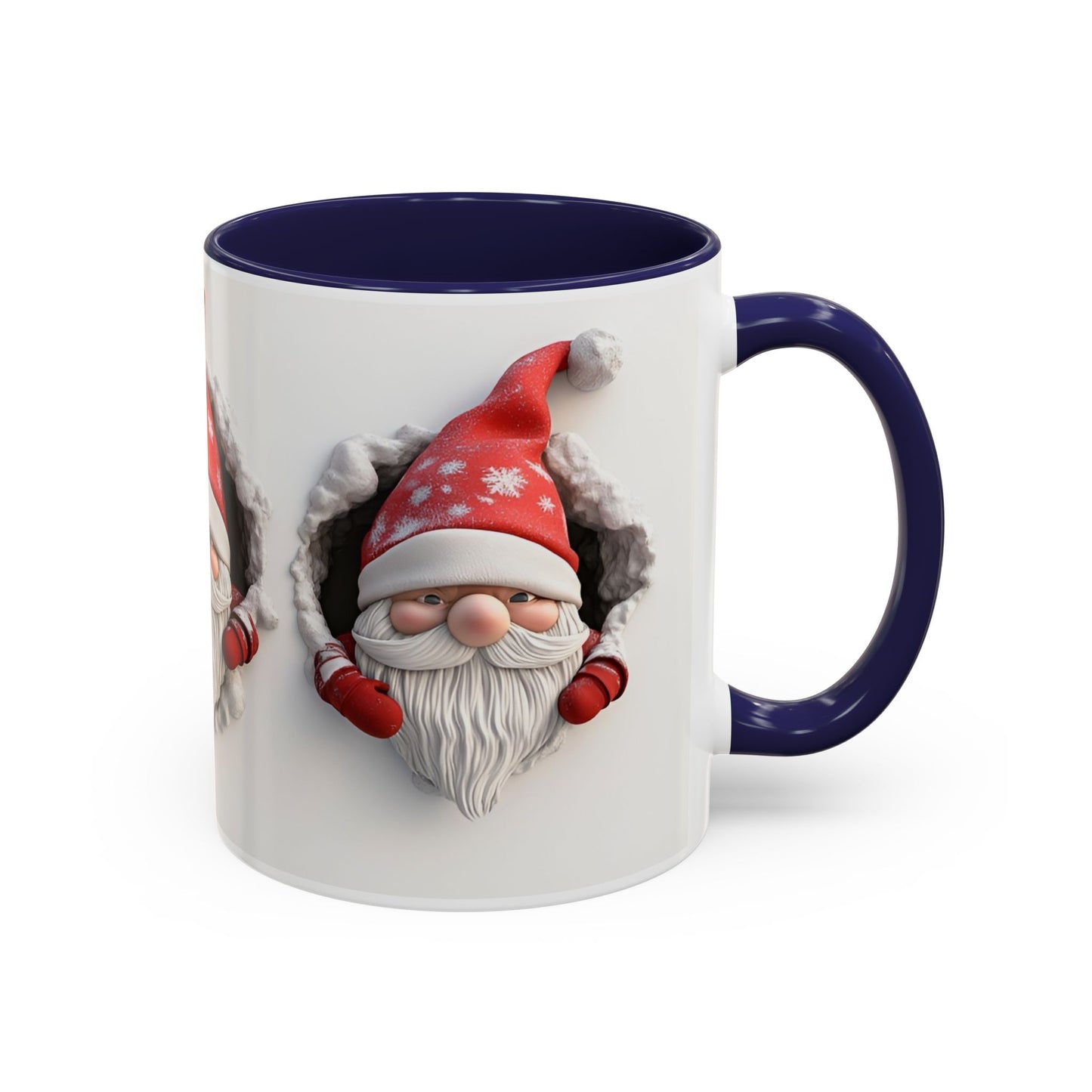 Mug, 3D Winter Gnomes Accent Coffee Mug, 11oz, Hole in A Wall Design, White Background, Holiday Gift for Coffee Lovers, Cute Christmas