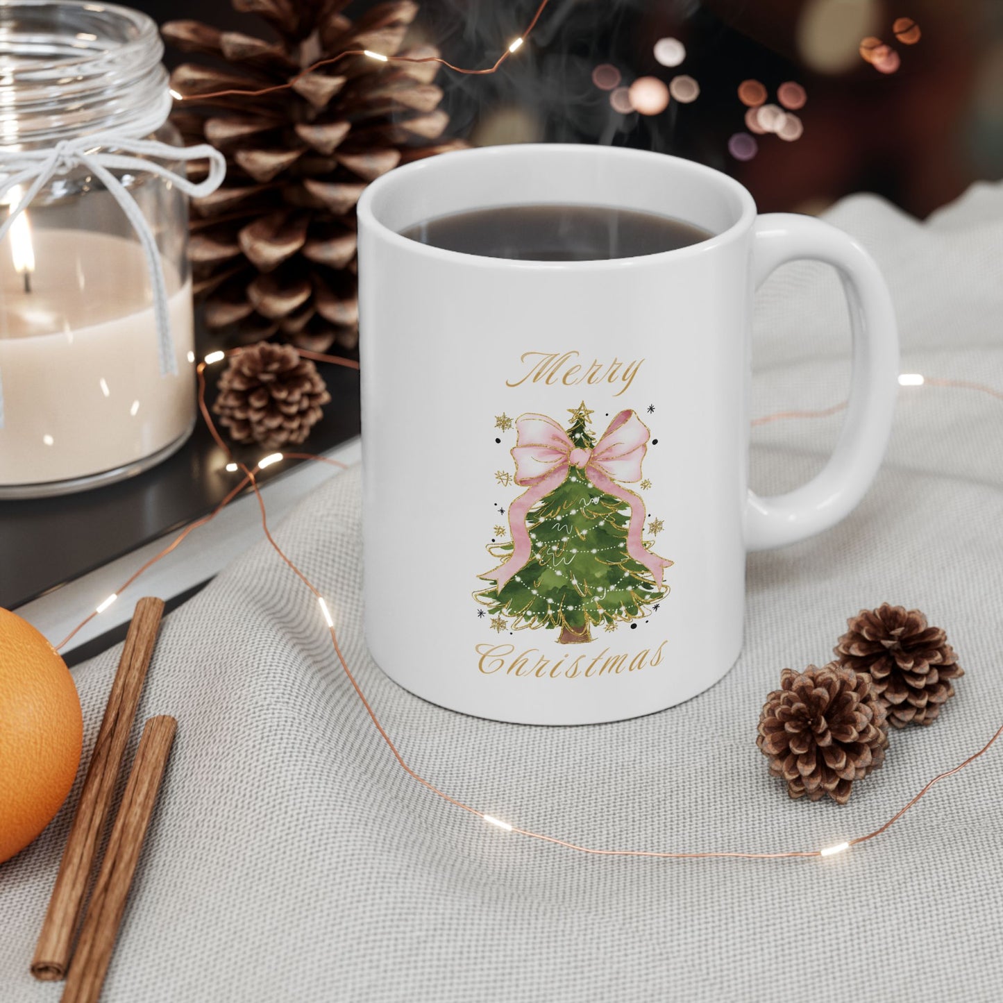 Coquette Glitter Christmas Ceramic Mug, Festive Holiday Coffee Cup, 11oz 15oz Gift Decor, Merry Christmas Tea Mug, Seasonal Hot Cocoa Cup,