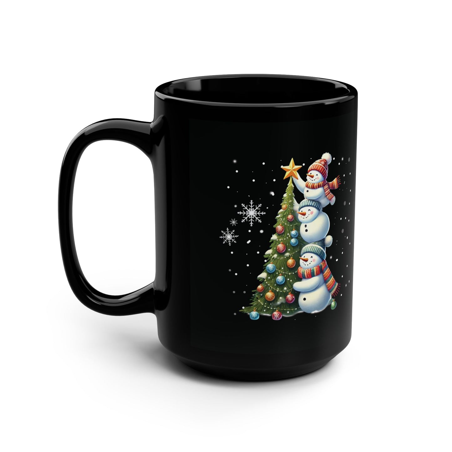 Mug - Cute Christmas Snowmen w/Star tree topper - 15oz Black