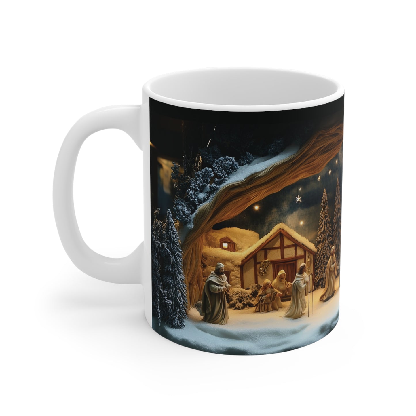 Christmas Nativity Scene Mug 11oz, Holiday Coffee Cup, Winter Themed Hot Cocoa Mug, Religious Gift, 3D Snow Wall Design