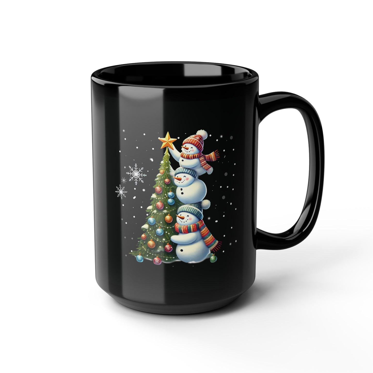 Mug - Cute Christmas Snowmen w/Star tree topper - 15oz Black