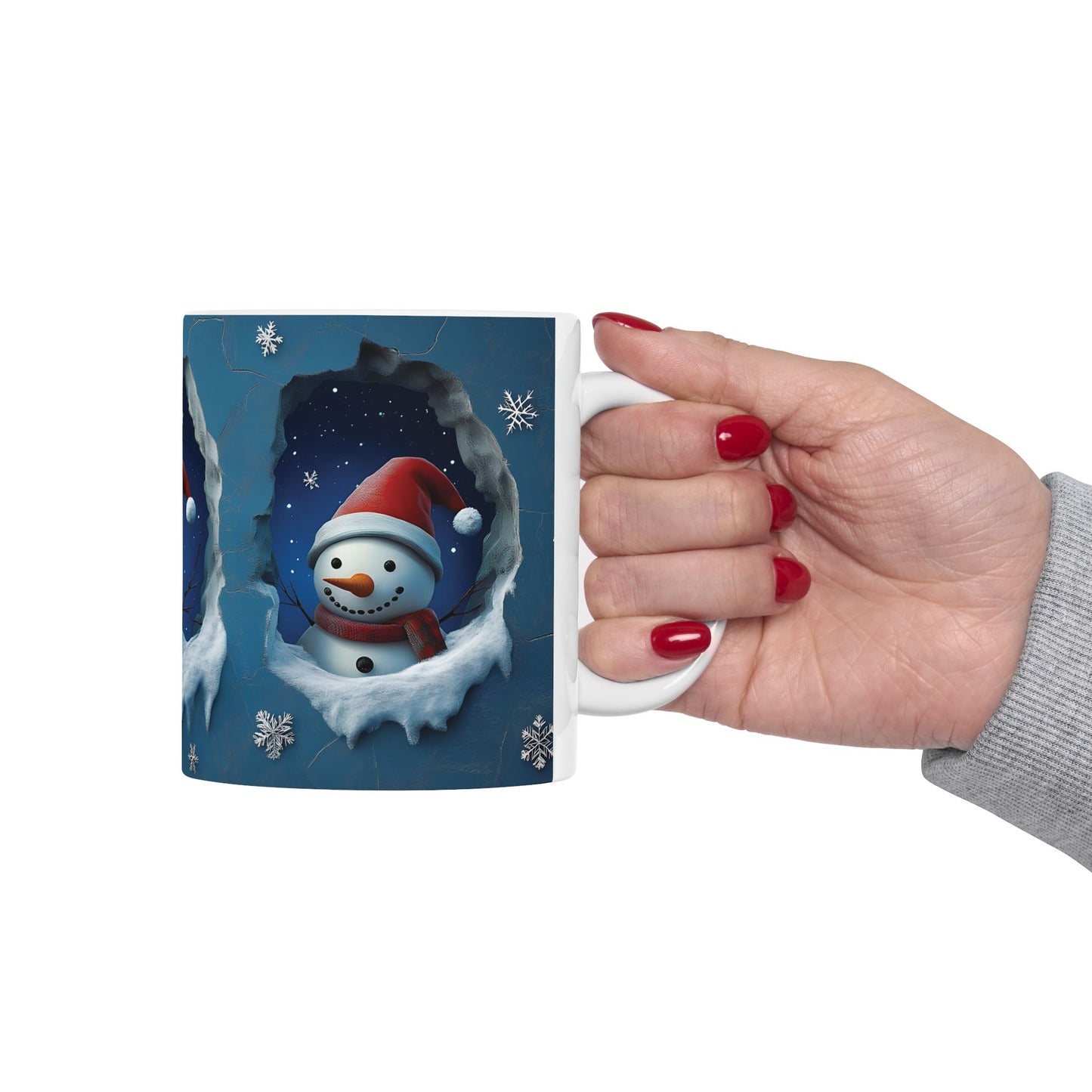 Ceramic Mug, 3D Winter Snowman Line in Hole in A Wall Christmas Themed Blue Background Vivid Color Snowflakes, Holiday Coffee Cup, Festive